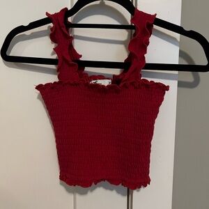 hollister ribbed / smocked red crop tank top with lettuce trim